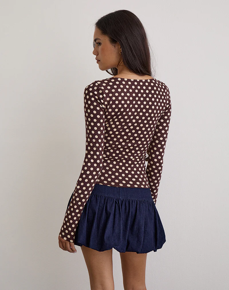 Rumini Long Sleeve Top in Brown with Small Polka Cream - Image 5