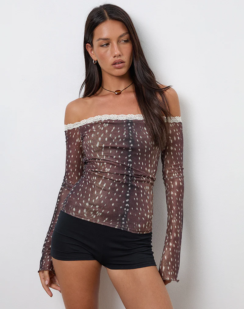 Rusaka Bardot Top in Mesh Deer Print Brown - Image 3
