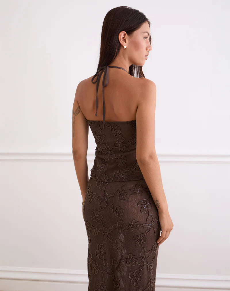 Ruwi Sequin Knit Halter Top in Dark Brown - Image 4