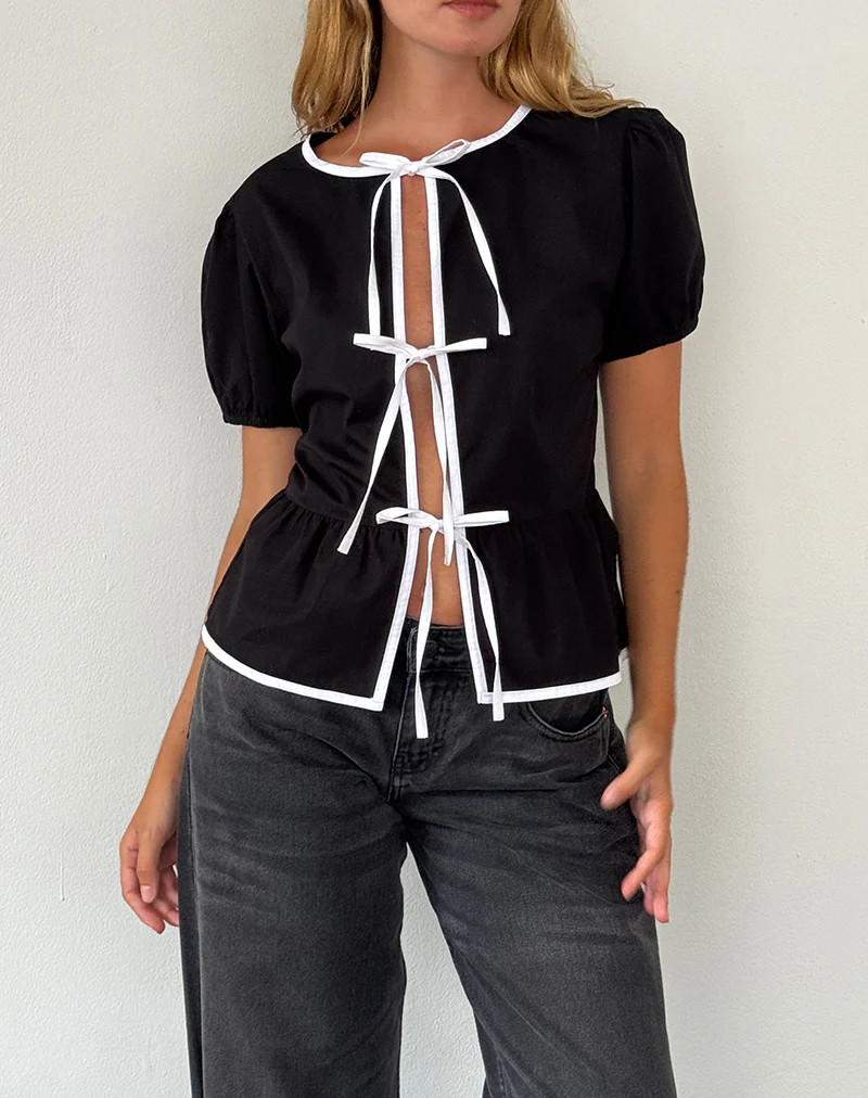 Ryota Tie Front Blouse in Black with White Binding - Image 3