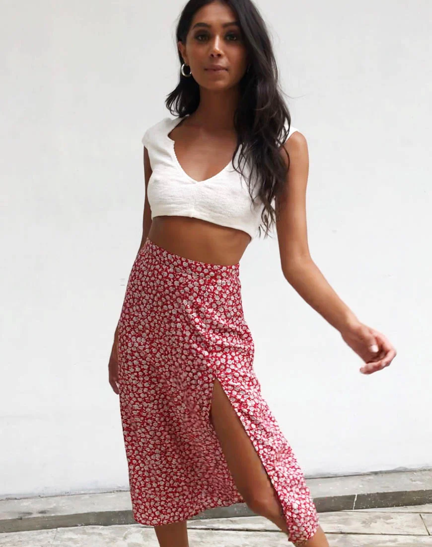 Saika Skirt in Ditsy Rose Red Silver - Image 4