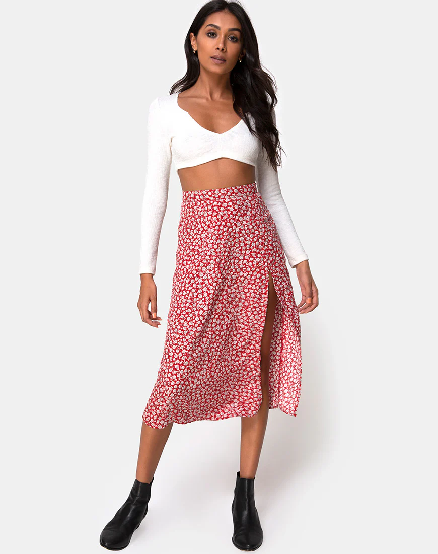 Saika Skirt in Ditsy Rose Red Silver - Image 5