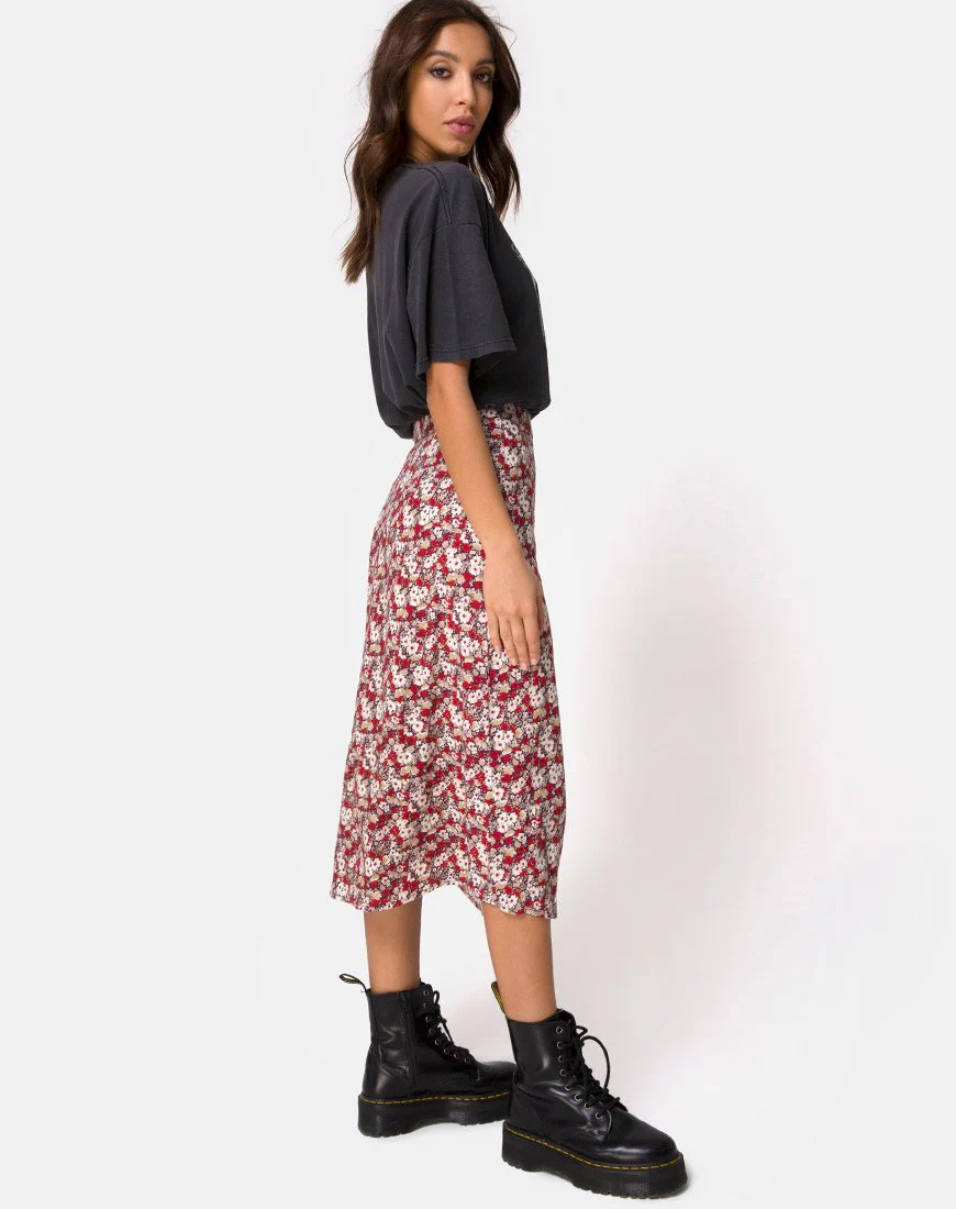 Saika Midi Skirt in Floral Charm Red - Image 4