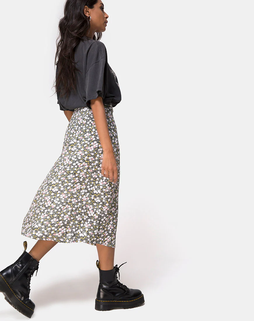 Saika Midi Skirt in Floral Field Olive - Image 2
