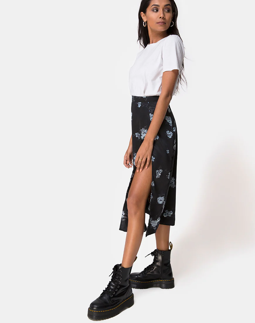 Saika Midi Skirt in Mono Flower Black - Image 3