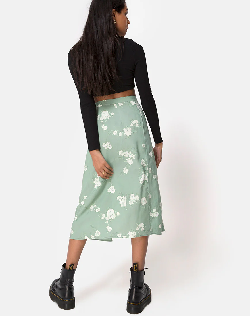 Saika Midi Skirt in Mono Flower Green - Image 4
