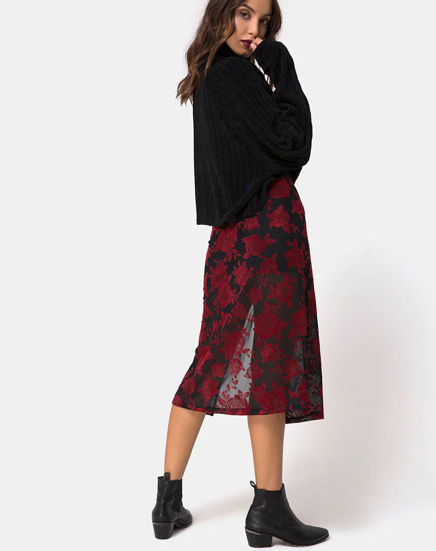 Saika Midi Skirt in Romantic Red Rose Flock - Image 2