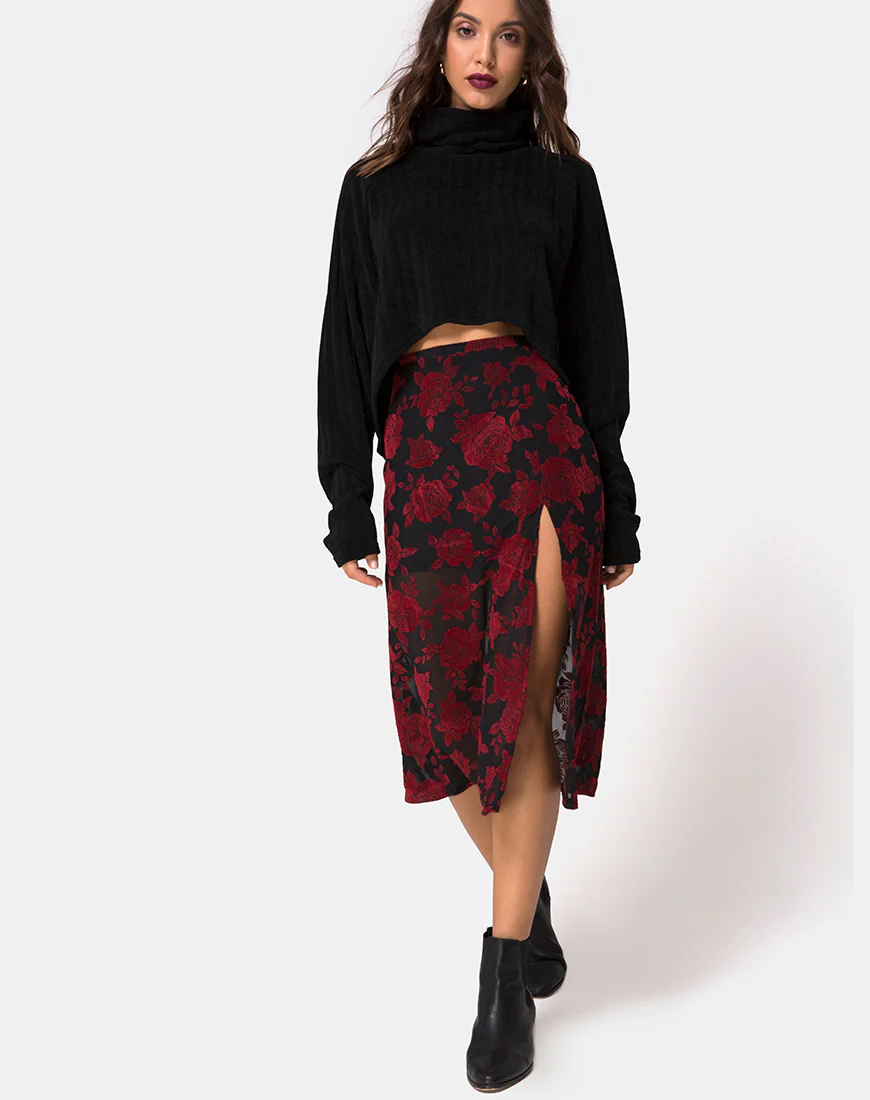 Saika Midi Skirt in Romantic Red Rose Flock - Image 3