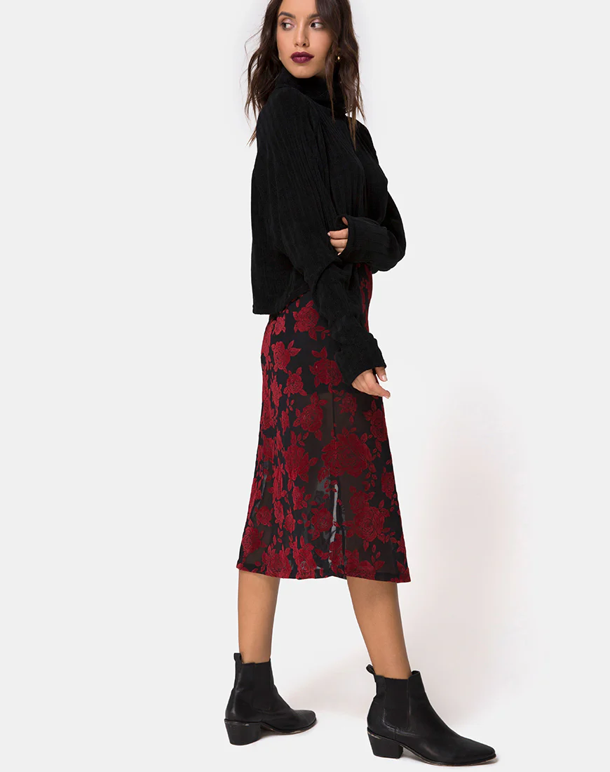 Saika Midi Skirt in Romantic Red Rose Flock - Image 4