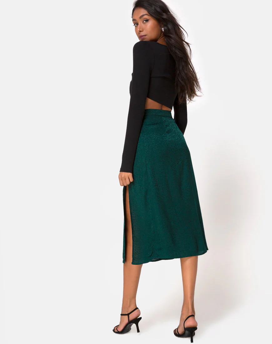 Saika Midi Skirt in Satin Cheetah Forest Green - Image 2