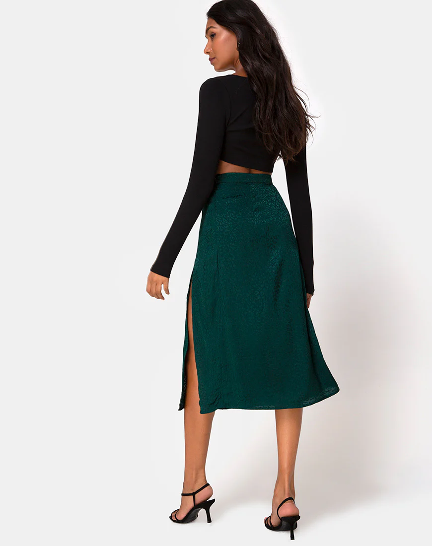 Saika Midi Skirt in Satin Cheetah Forest Green - Image 4