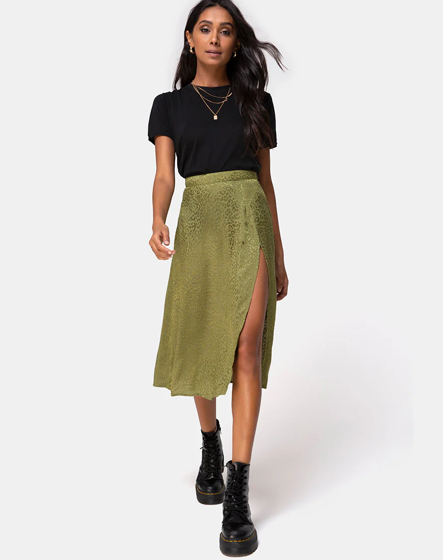Saika Midi Skirt in Satin Cheetah Khaki - Image 3