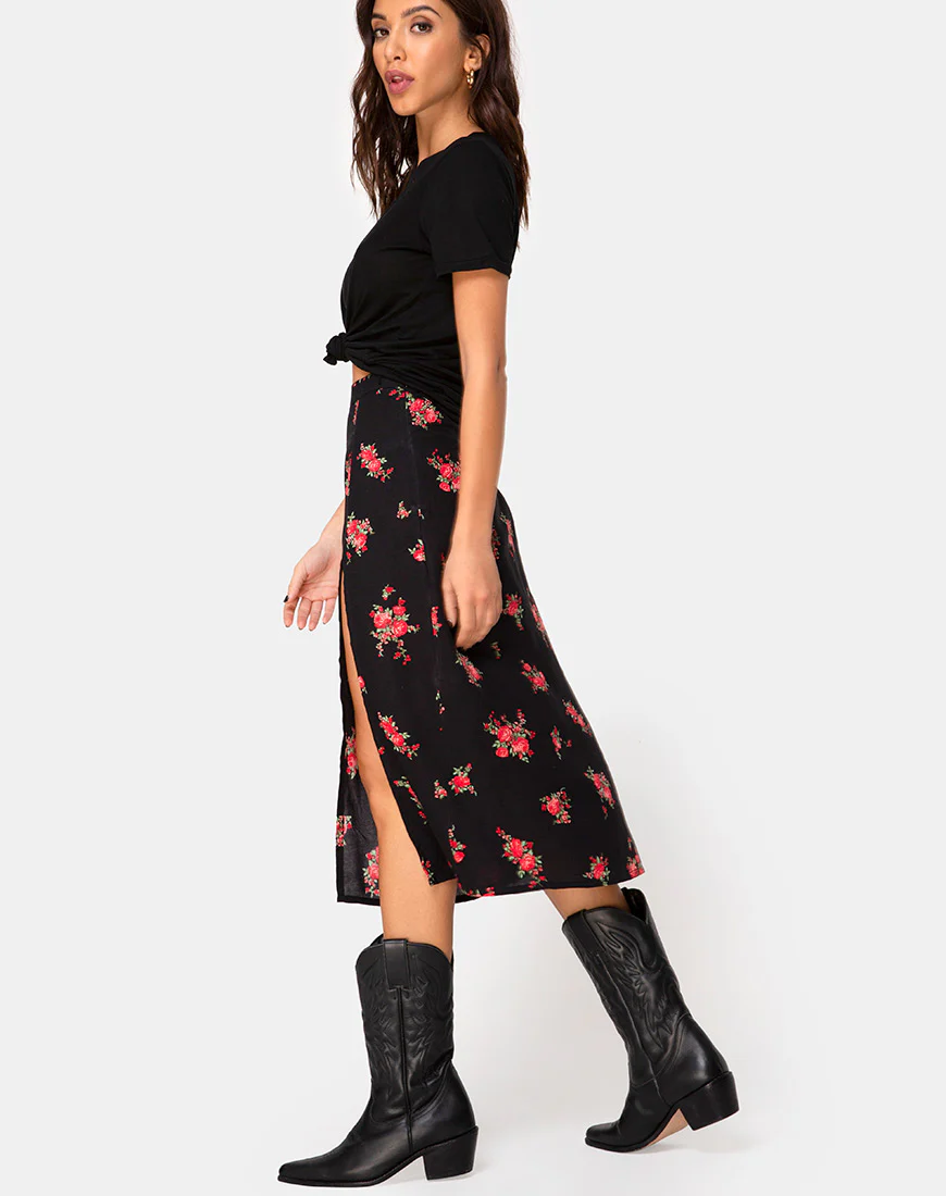Saika Midi Skirt in Soi Rose Black and Red - Image 2