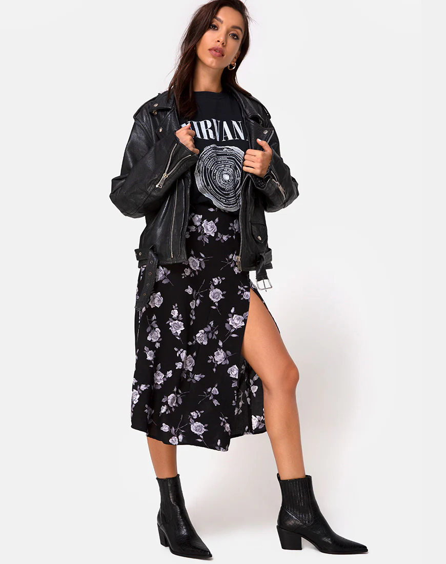 Saika Midi Skirt in White Rose Black - Image 3
