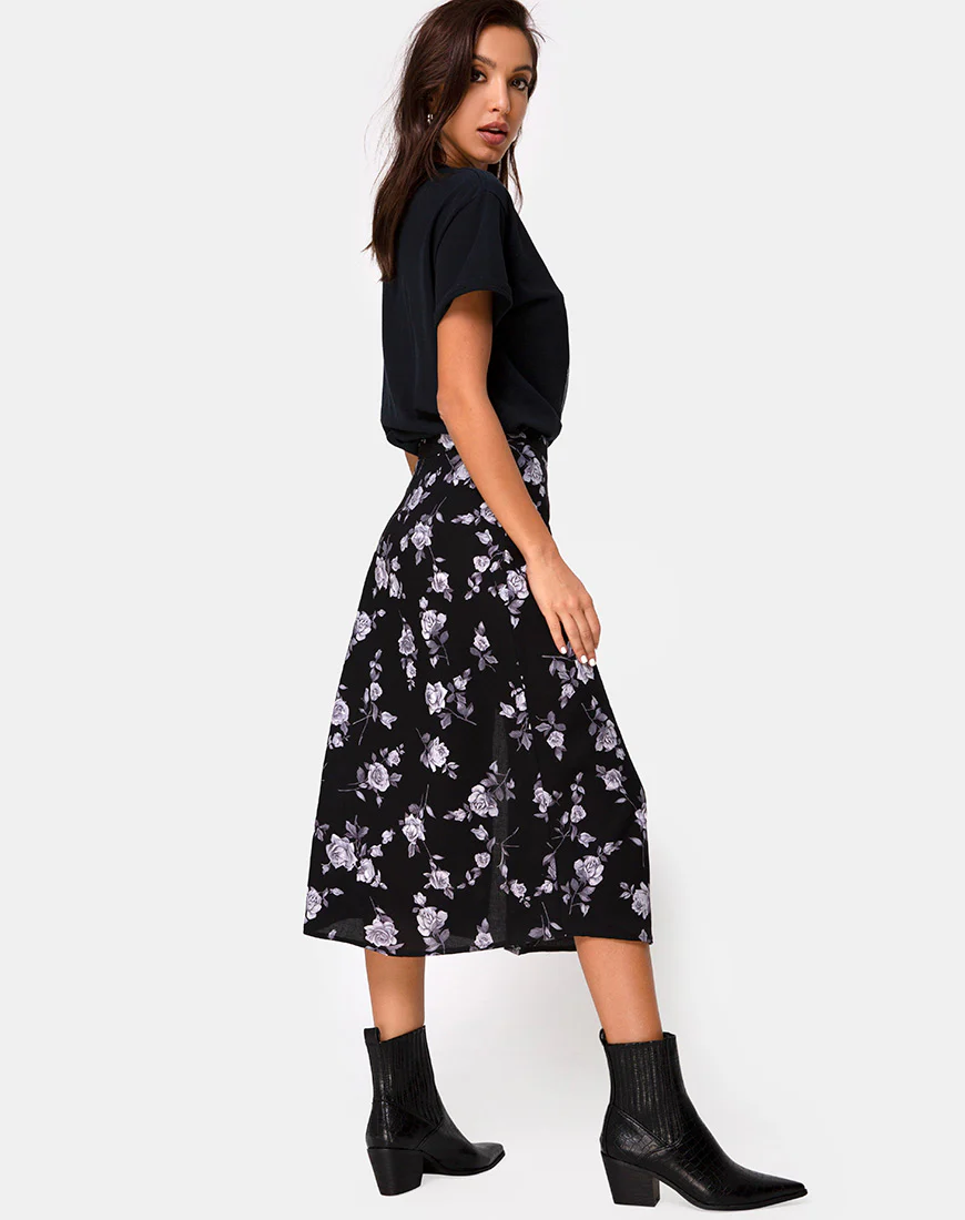 Saika Midi Skirt in White Rose Black - Image 5