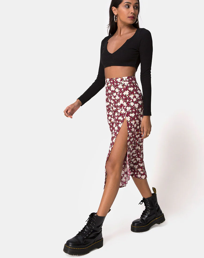 Saika Midi Skirt in Wild Fleur Maroon - Image 3
