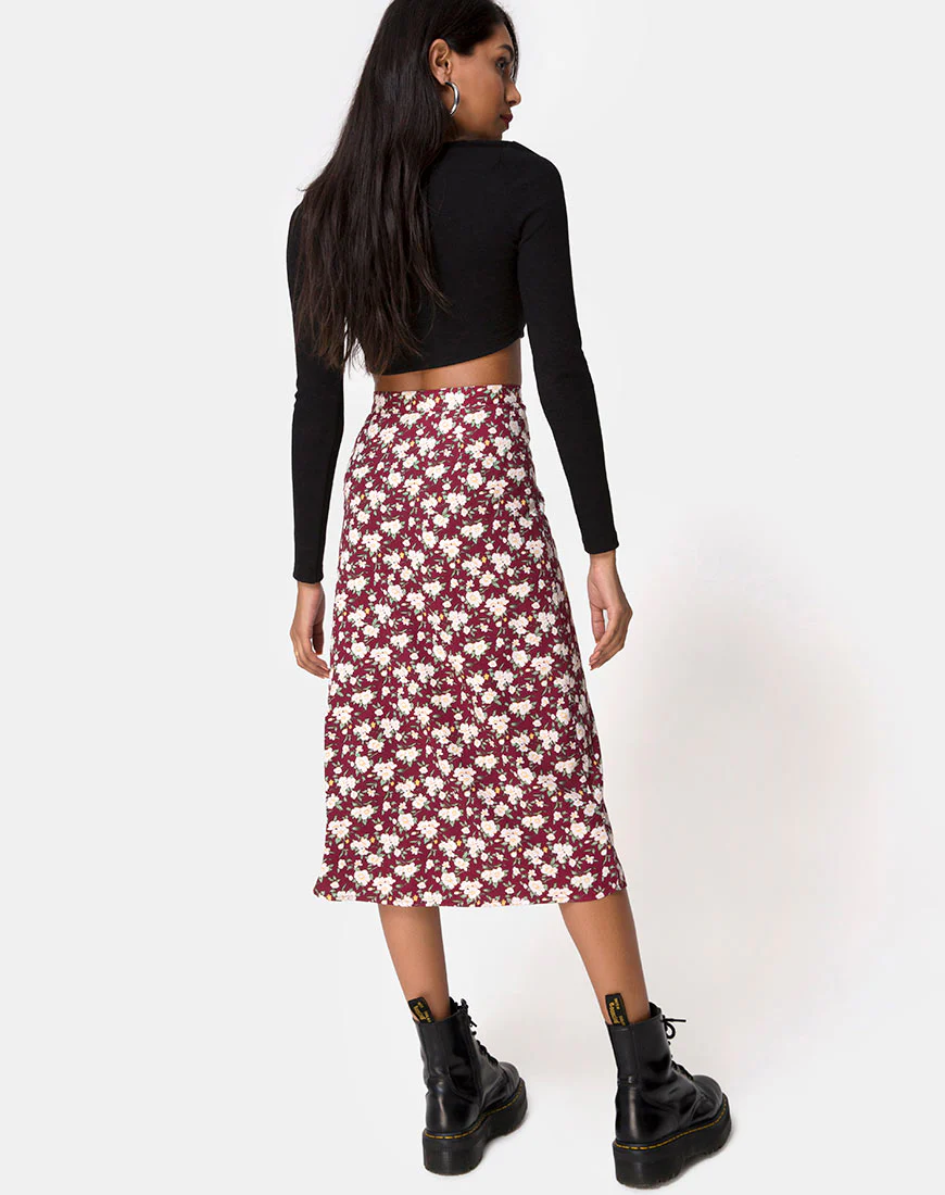 Saika Midi Skirt in Wild Fleur Maroon - Image 4