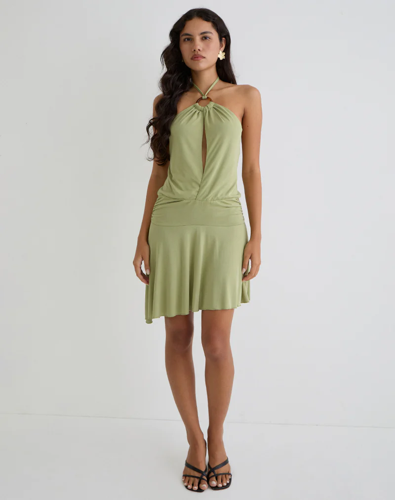 Saira Halter Neck Mini Dress in Sage - Image 3