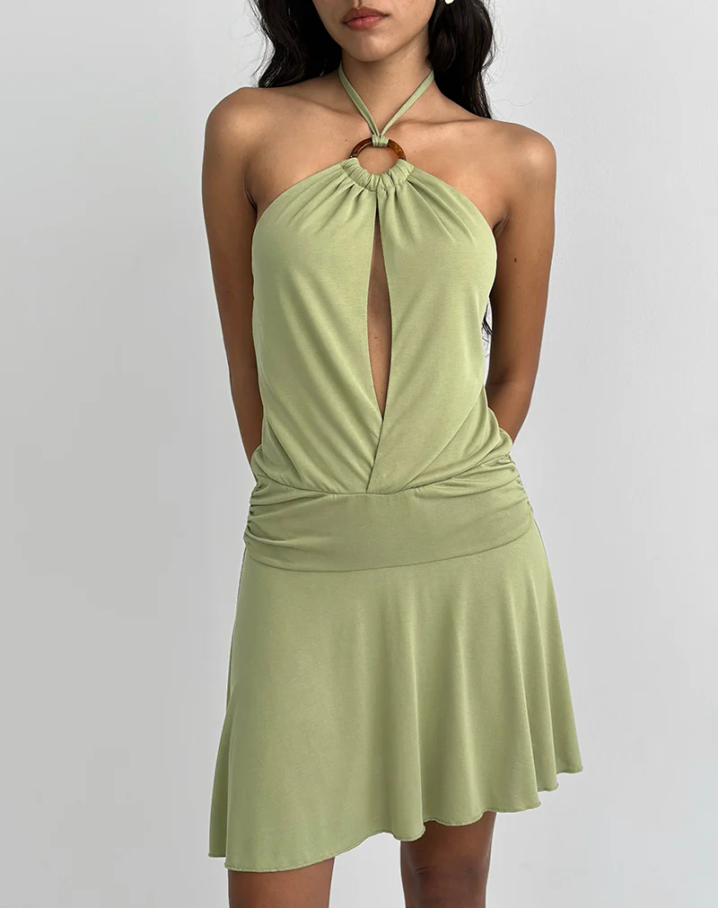 Saira Halter Neck Mini Dress in Sage - Image 5