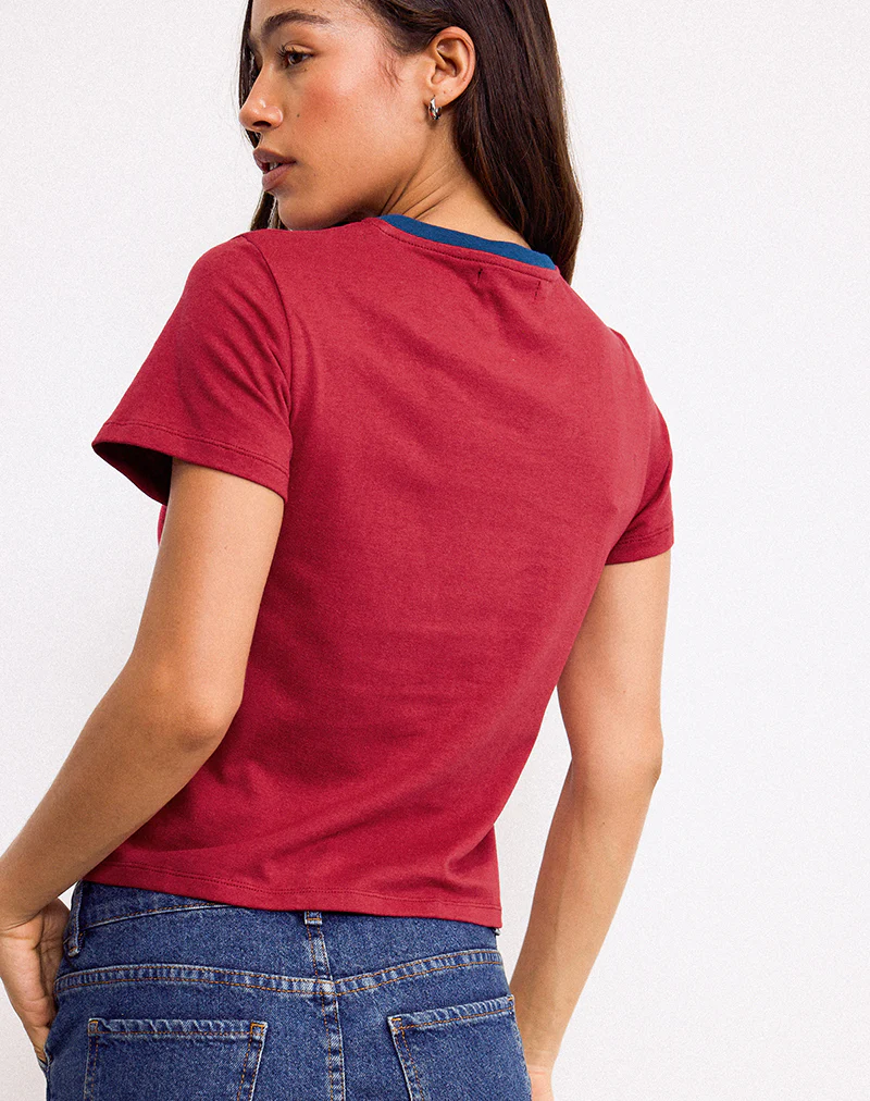 Sakha Boxy Top in Adrenaline Red with Blue New York Print - Image 2