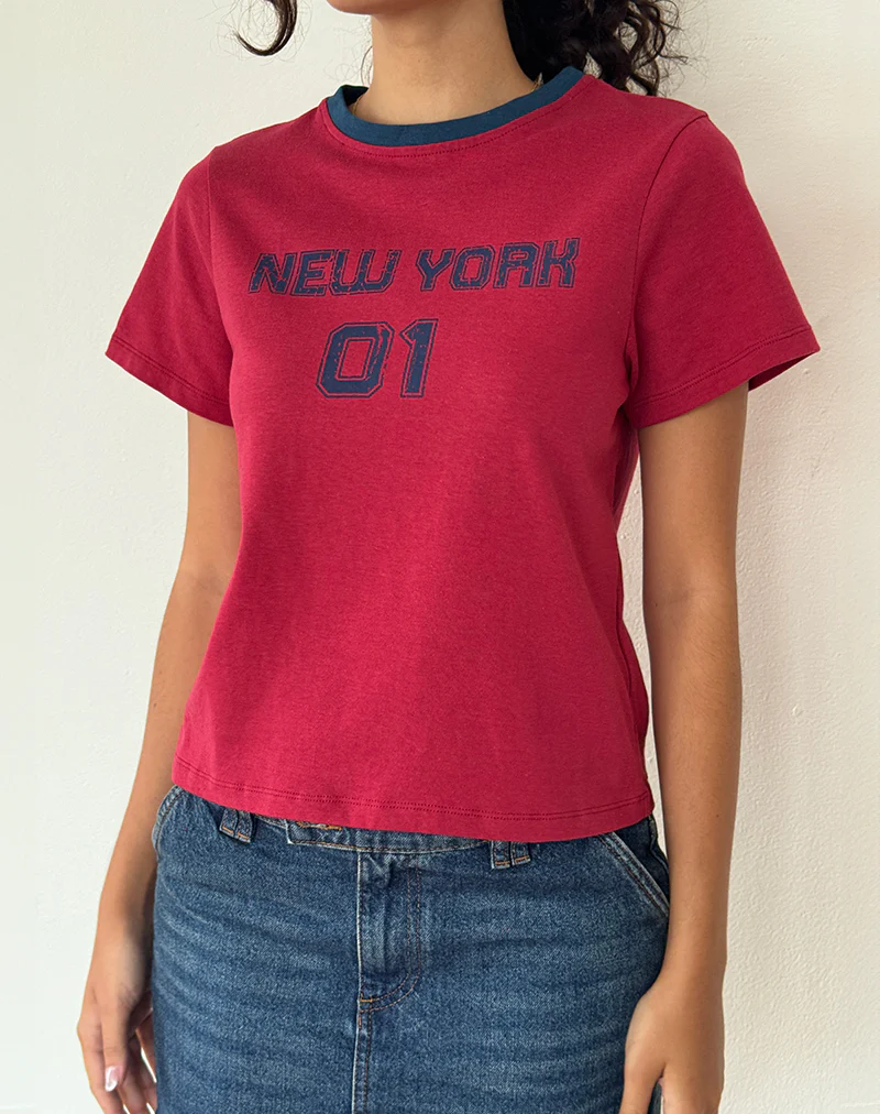 Sakha Boxy Top in Adrenaline Red with Blue New York Print - Image 3