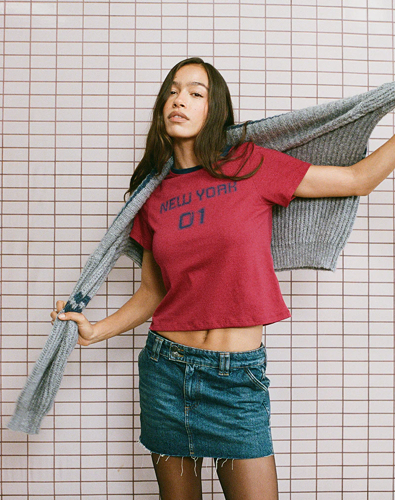 Sakha Boxy Top in Adrenaline Red with Blue New York Print - Image 4