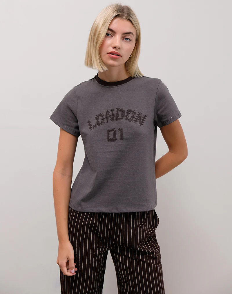 Sakha Boxy Tee in Dark Grey with London Print and Brown Binding - Image 2