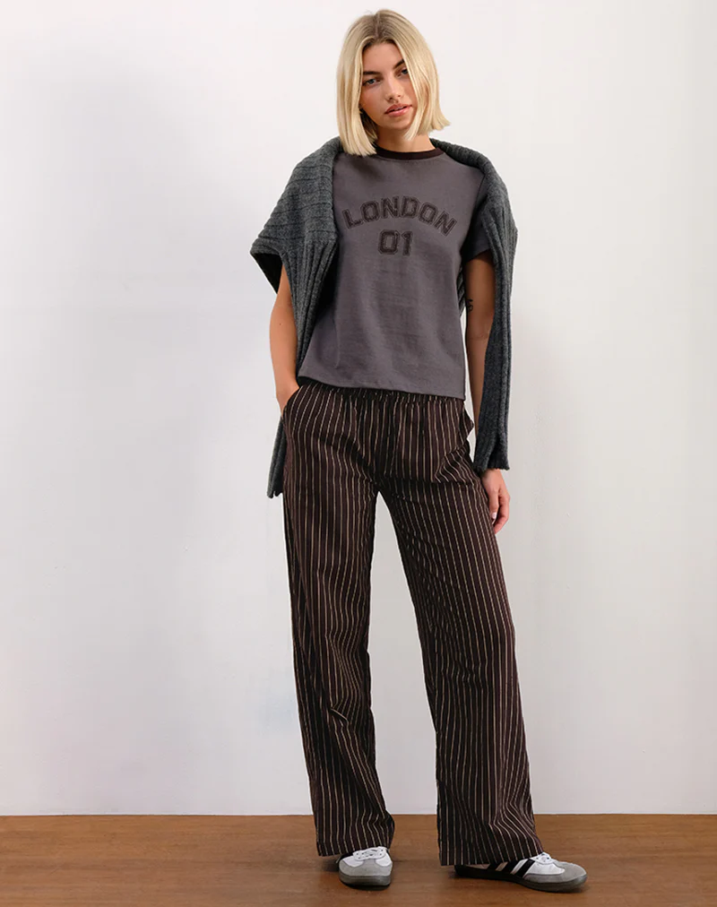 Sakha Boxy Tee in Dark Grey with London Print and Brown Binding - Image 4