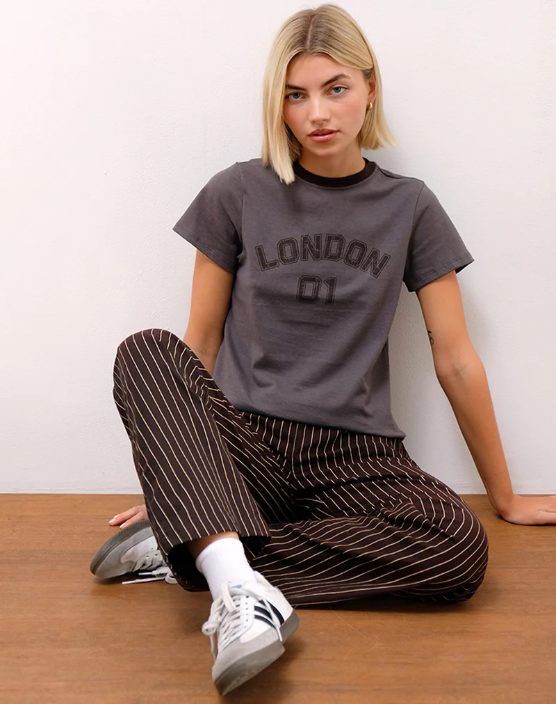 Sakha Boxy Tee in Dark Grey with London Print and Brown Binding - Image 5