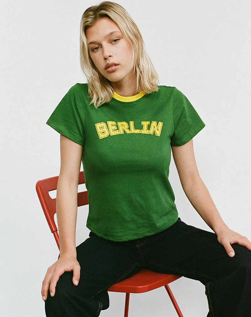Sakha Boxy Top in Elm Green with Yellow Binding and Berlin Emb - Image 2