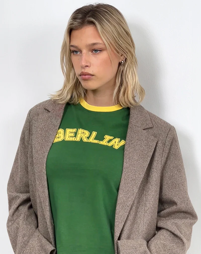 Sakha Boxy Top in Elm Green with Yellow Binding and Berlin Emb - Image 3