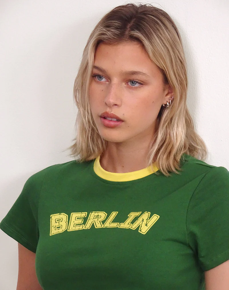 Sakha Boxy Top in Elm Green with Yellow Binding and Berlin Emb - Image 5