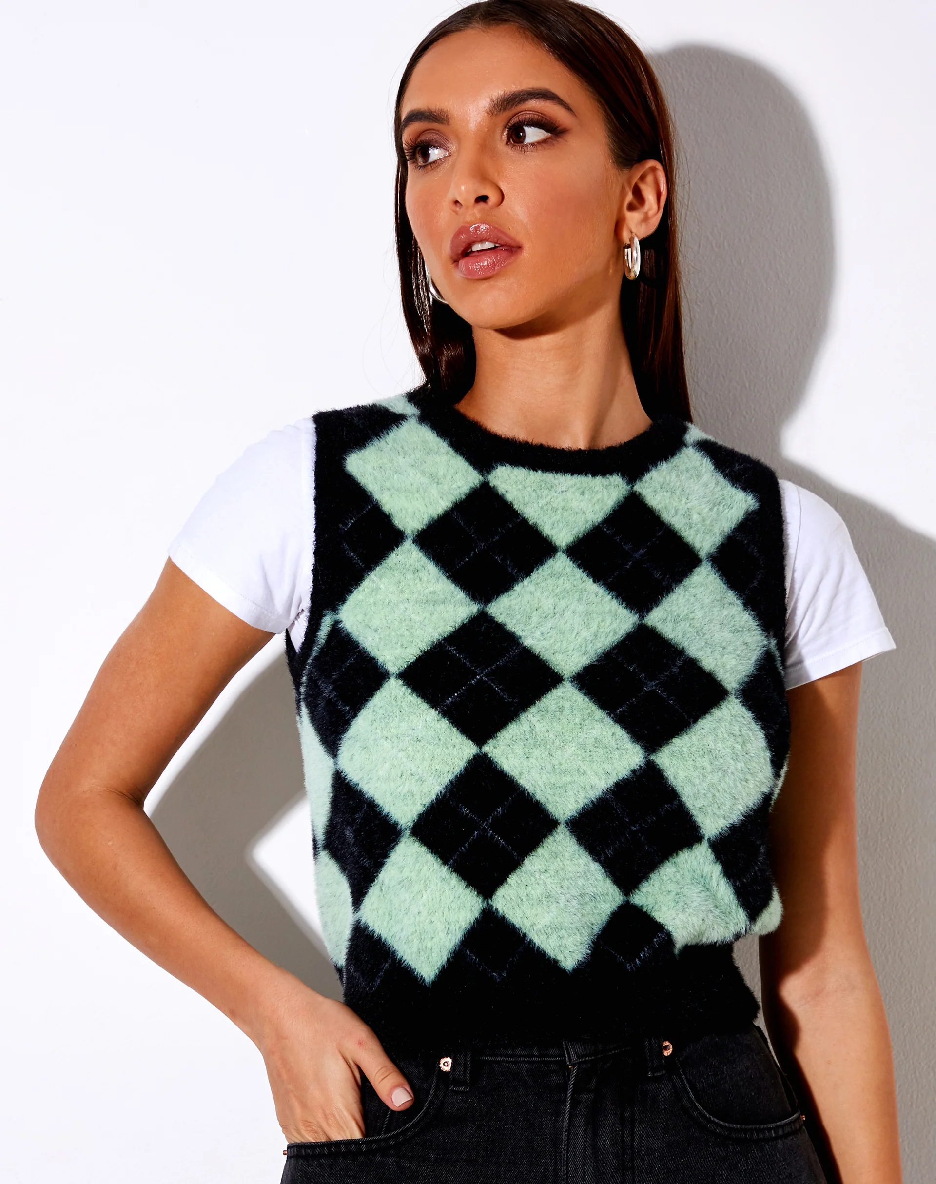 Saki Tank Top in Knit Diamond Black and Green - Image 2