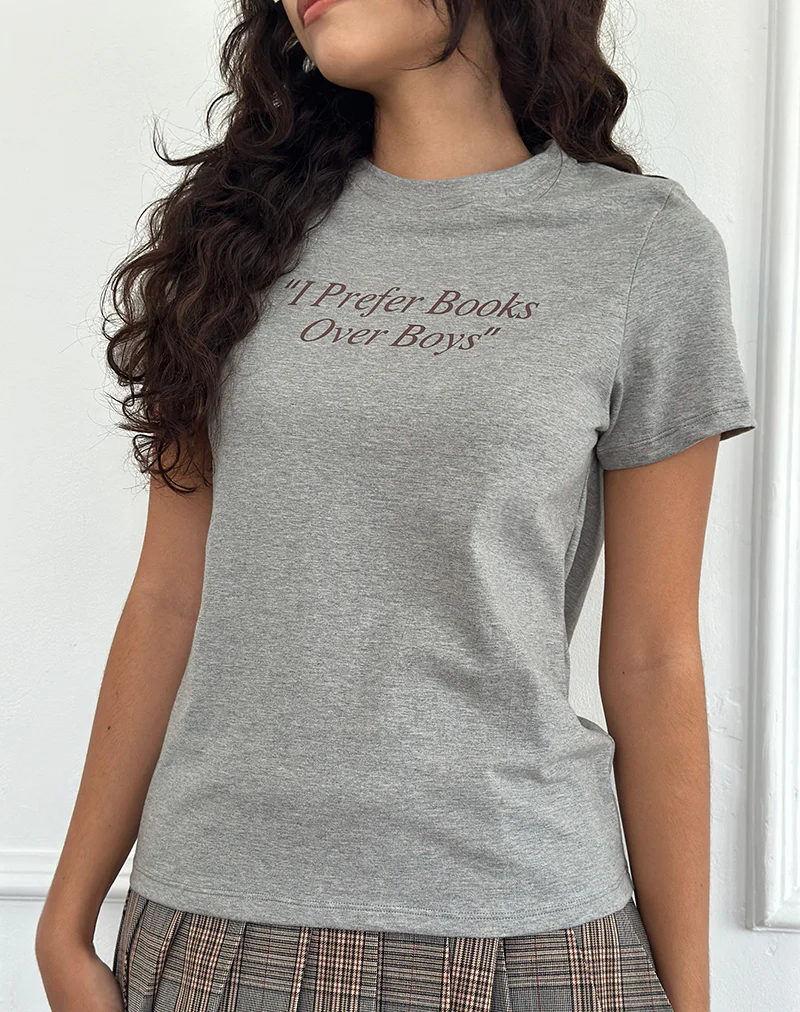 Saki Tee in Grey Marl with I Prefer Books Over Boys Slogan - Image 2