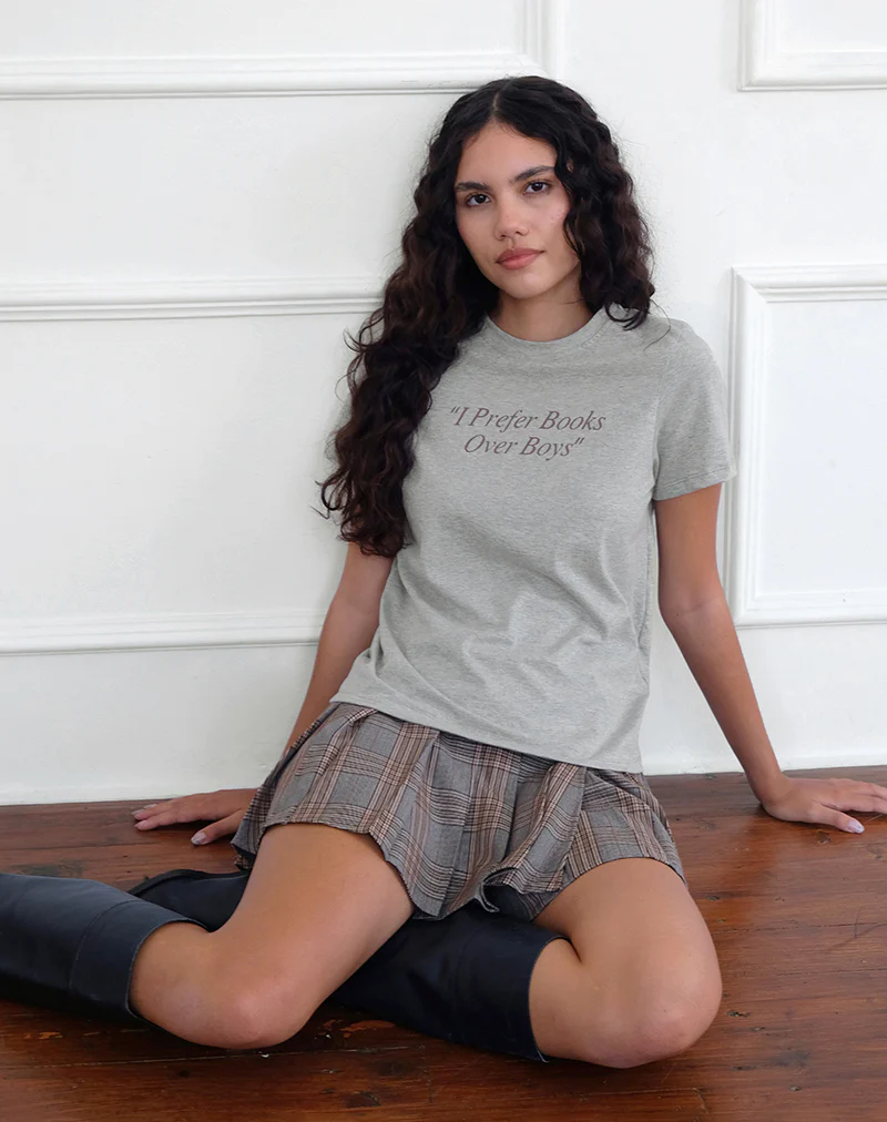 Saki Tee in Grey Marl with I Prefer Books Over Boys Slogan - Image 5