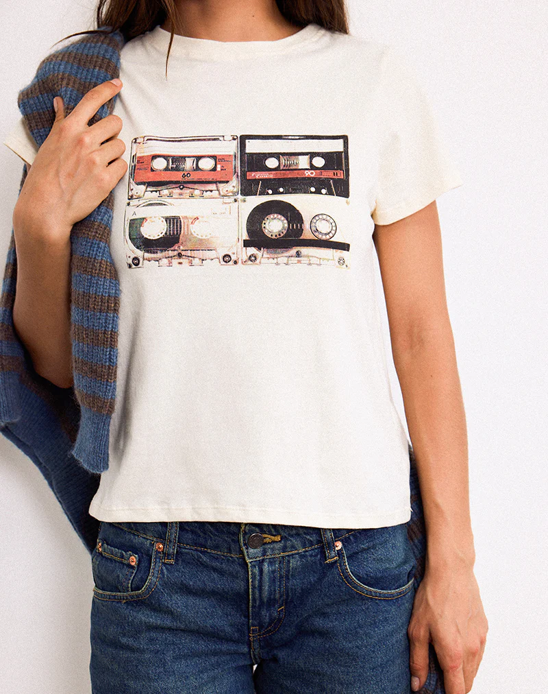 Saki Tee in Ivory with Retro Cassette Motif - Image 2