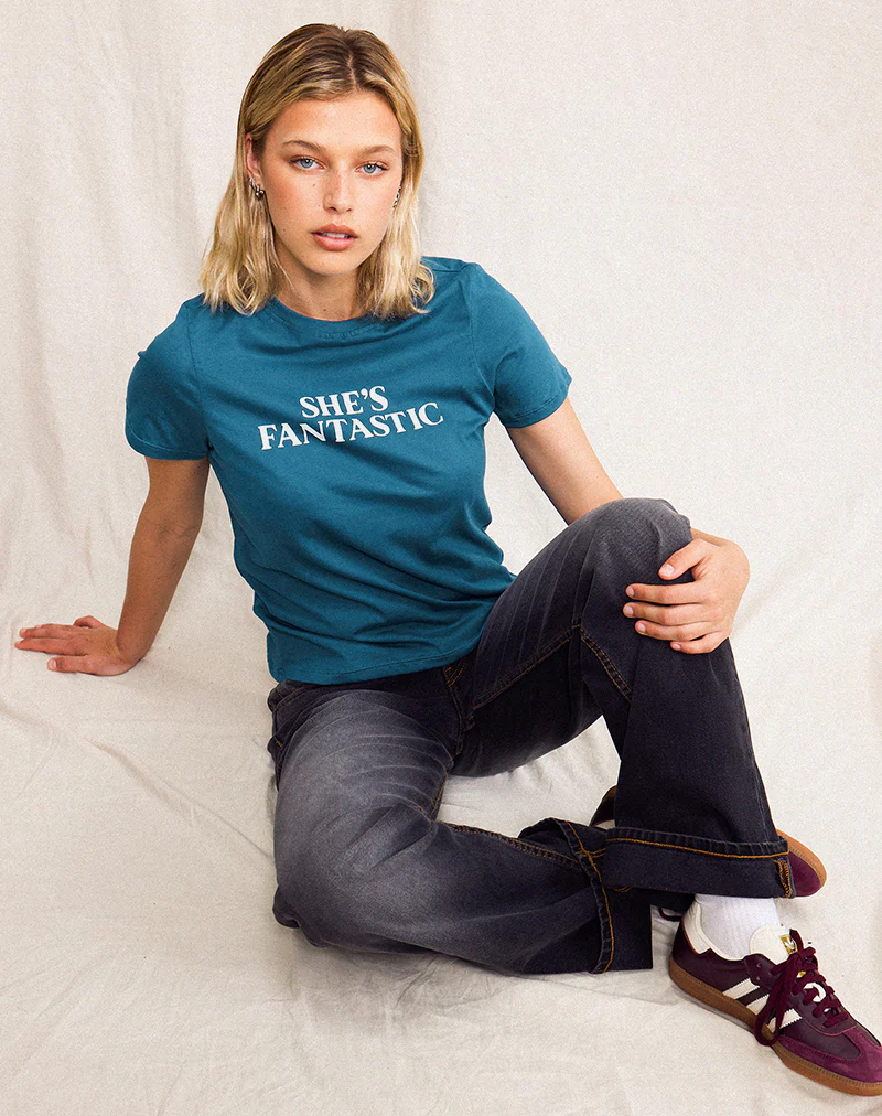 Saki Tee in Mediterranean Blue with She's Fantastic Slogan - Image 2