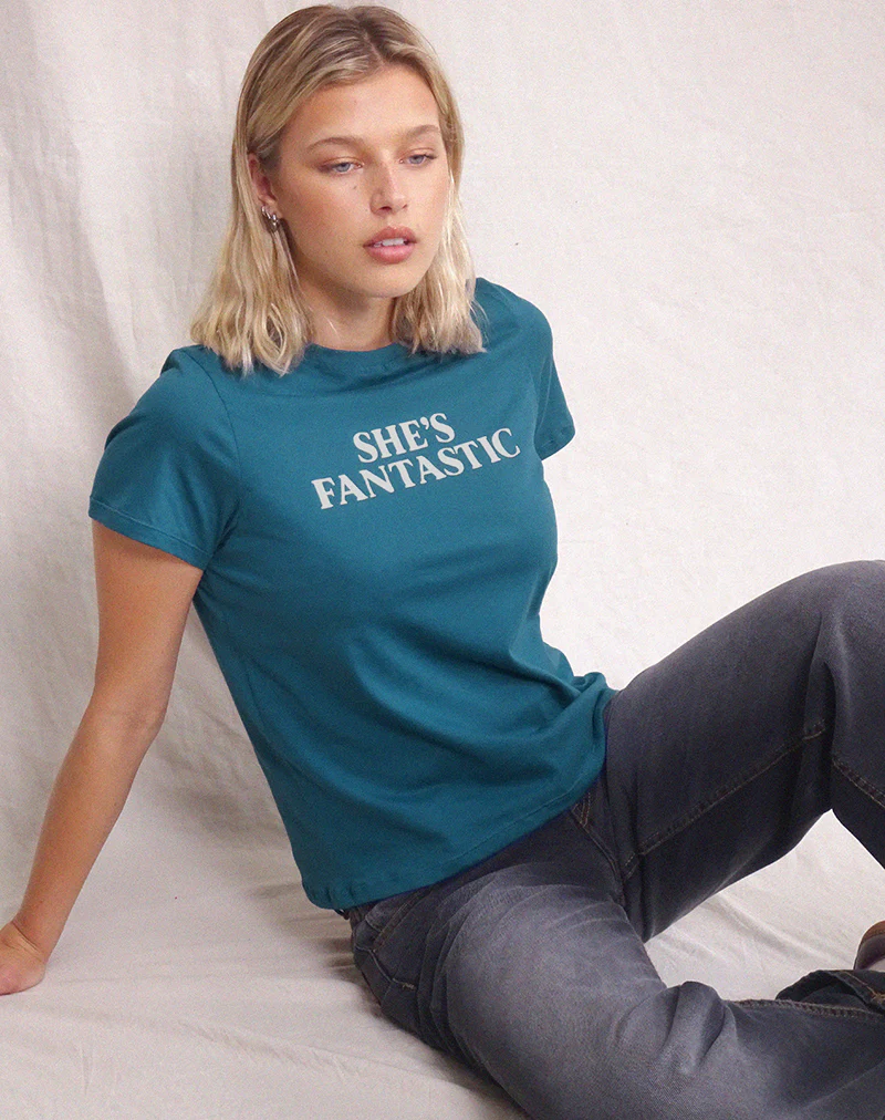 Saki Tee in Mediterranean Blue with She's Fantastic Slogan - Image 5