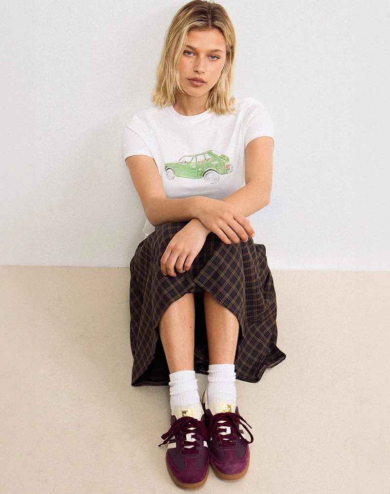 Saki Tee in White with Green Car - Image 4