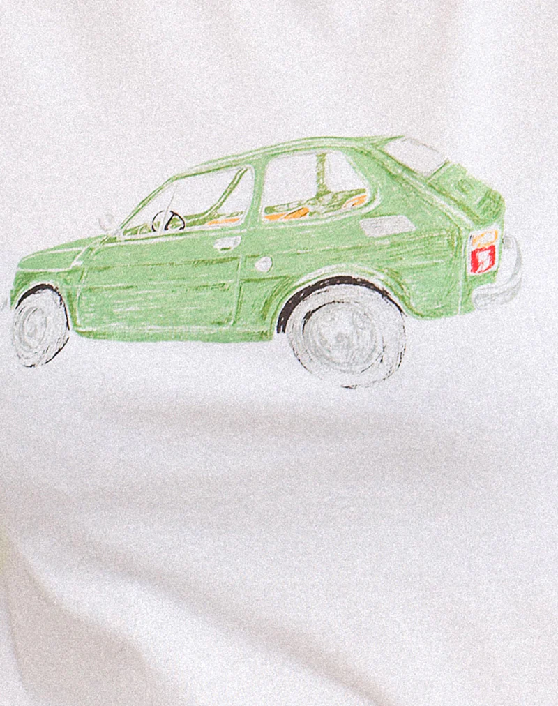 Saki Tee in White with Green Car - Image 6