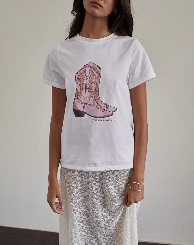 Saki Tee in White with Pink Cowboy Boot Print - Image 3