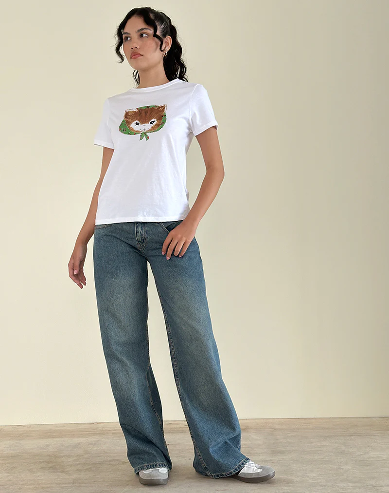 Saki White Tee in Kitty Print - Image 4