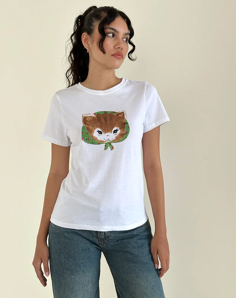 Saki White Tee in Kitty Print - Image 5