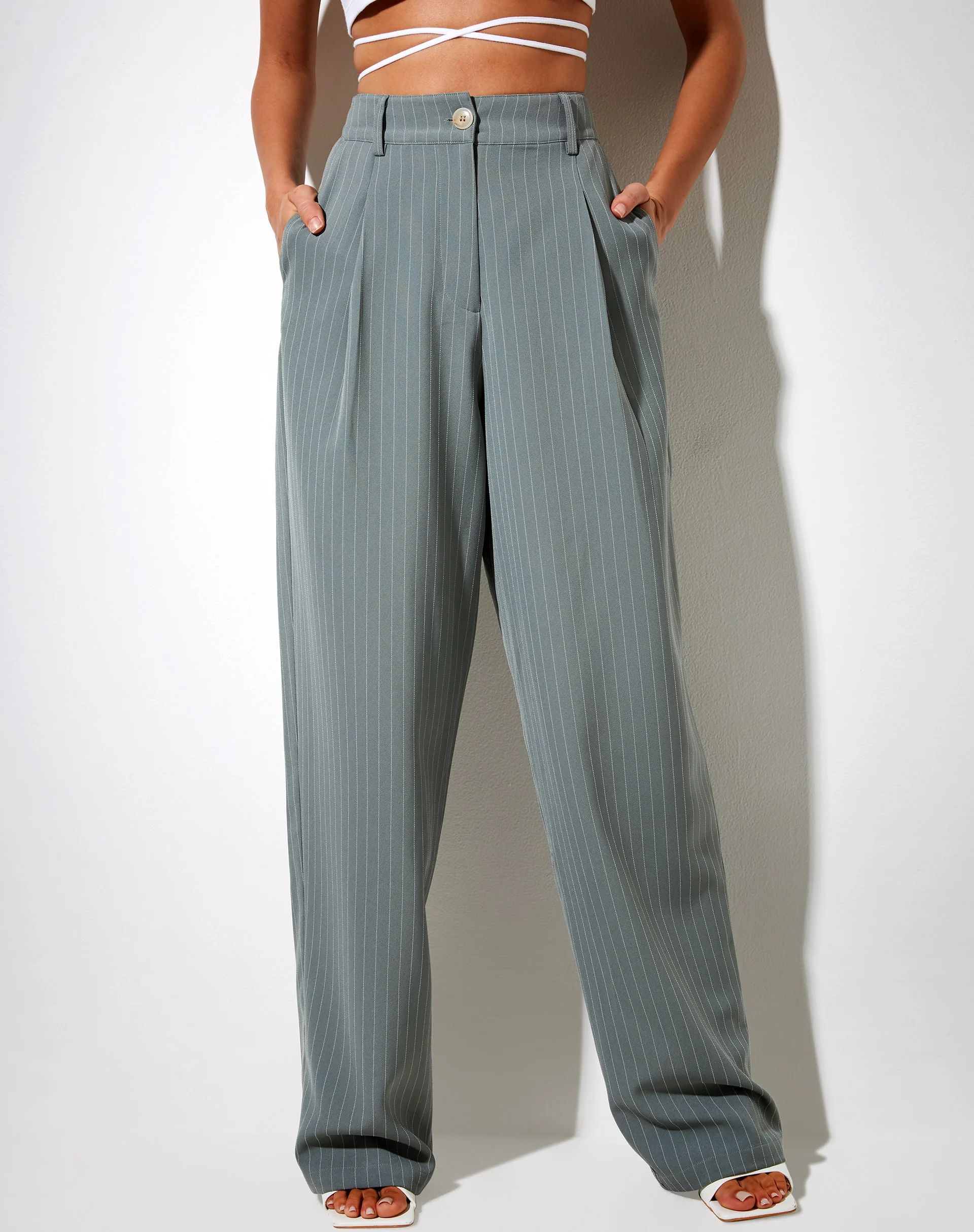 Sakila Trouser in Pinstripe Sage - Image 2
