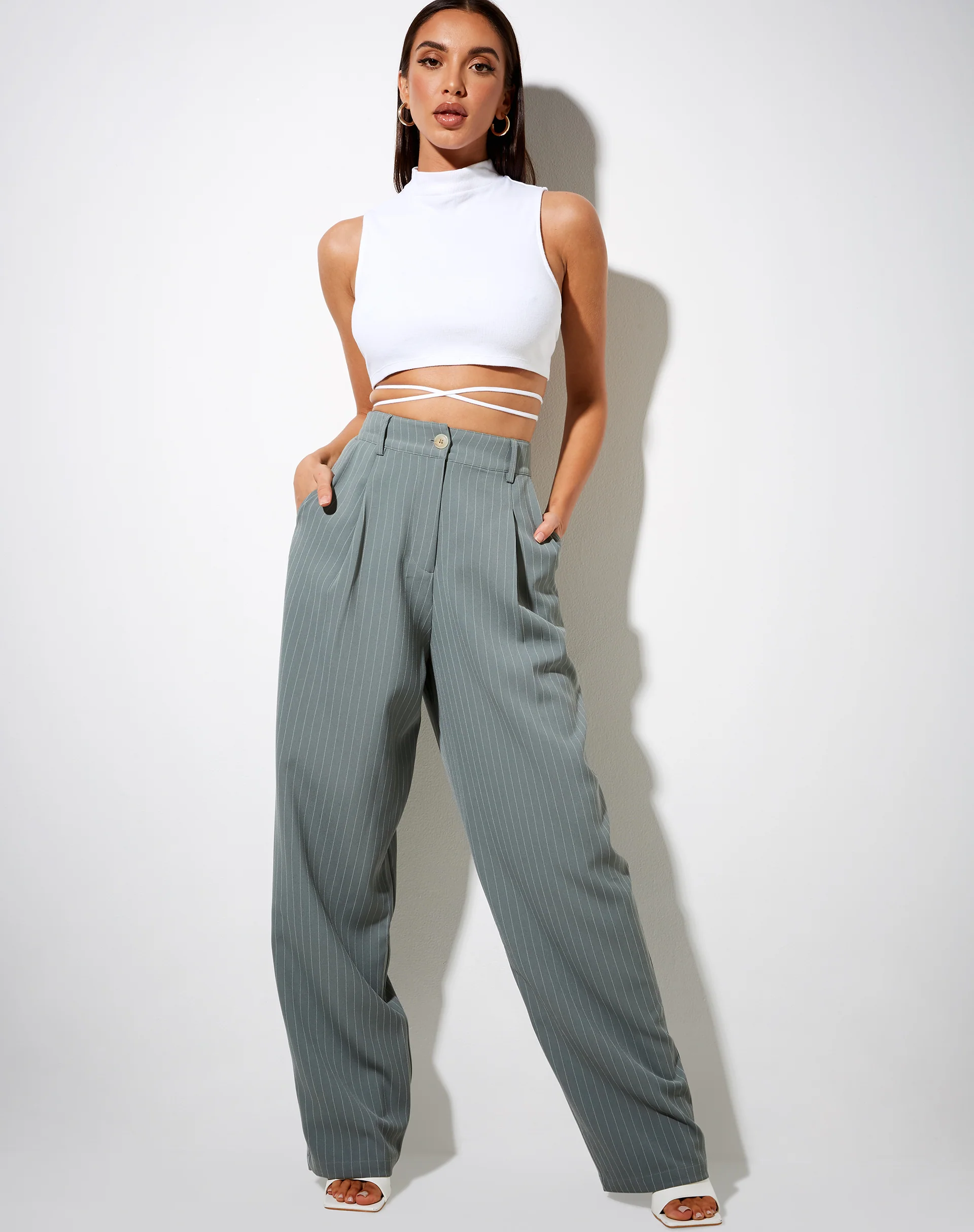 Sakila Trouser in Pinstripe Sage - Image 3