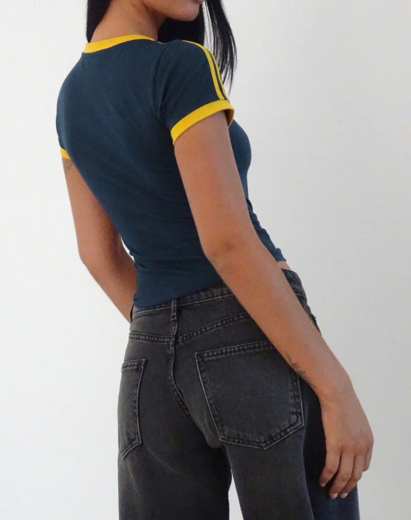 Salda Top in Navy with Mustard Binding and Bow Embroidery - Image 4