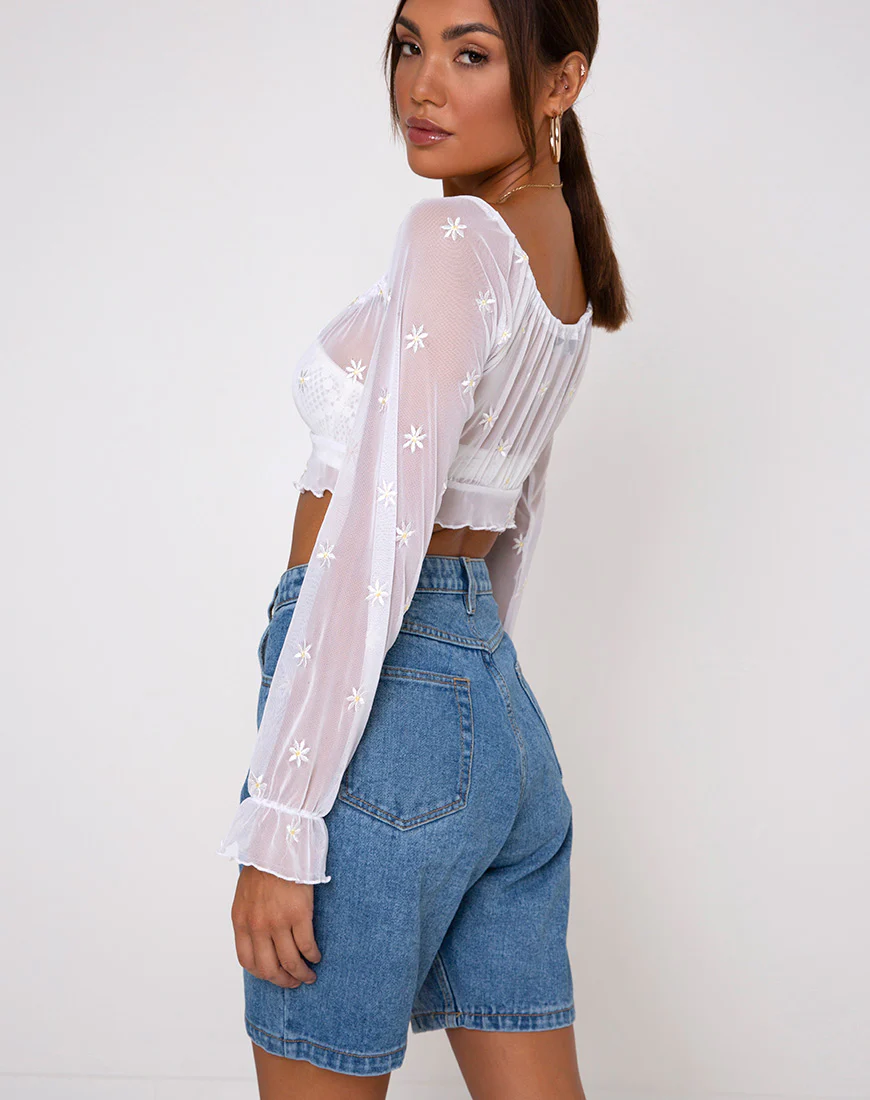 Salima Longsleeve Top in White Daisy Embro White - Image 7