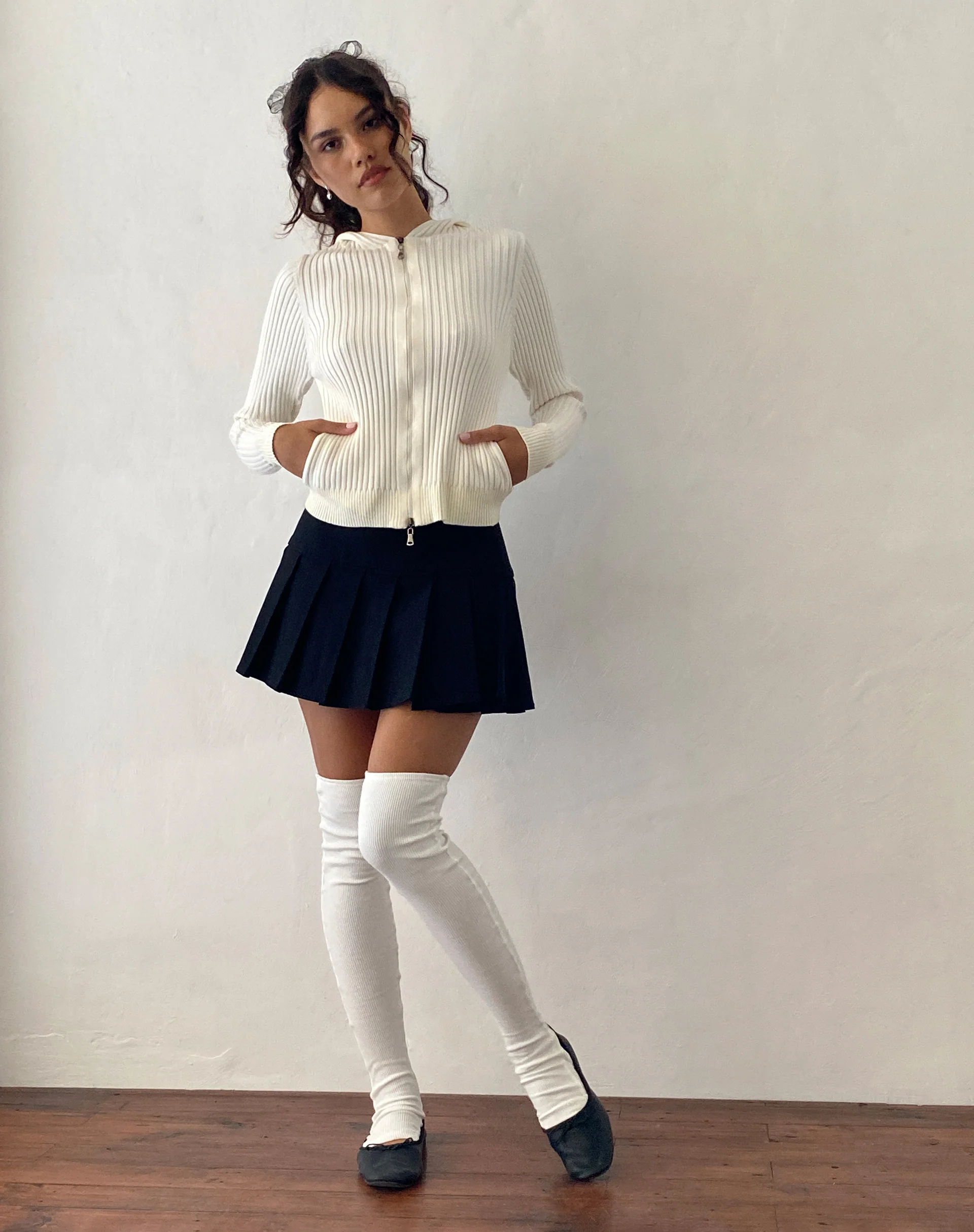 Salinas Zip Up Knitted Hoodie in Ivory - Image 3