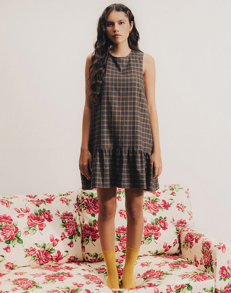 Samana Babydoll Mini Dress in Check Dark Brown - Image 2