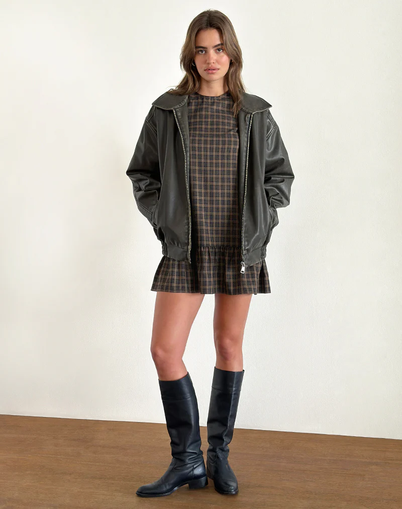 Samana Babydoll Mini Dress in Check Dark Brown - Image 4
